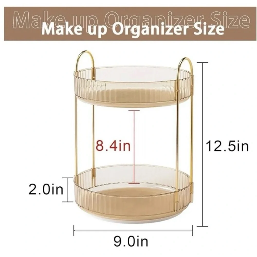New Makeup Organizer Rotates 360°: 2-Tier Gold/Gold Countertop Bathroom, Kitchen